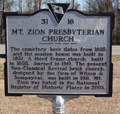 Mt. Zion Presbyterian Church Marker, reverse side image. Click for full size.