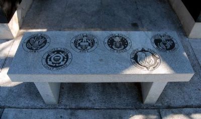 Stone Bench Engraved with<br>Military Branch Seals. Click for full size. Stone Bench Engraved with<br>Military Branch Seals image. Click for full size.