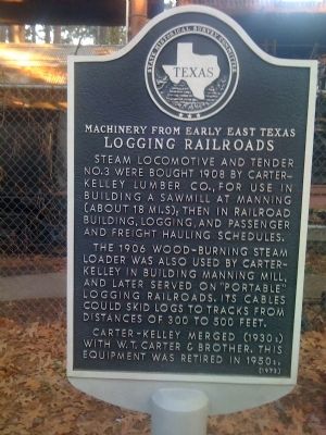Machinery from early East Texas Logging Railroads Marker image. Click for full size.