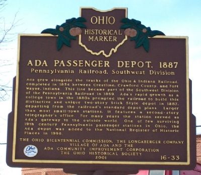 Ada Passenger Depot, 1887 Marker. Click for full size. Ada Passenger Depot, 1887 Marker image. Click for full size.