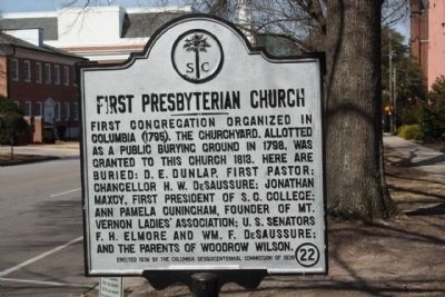 First Presbyterian Church Marker, as seen looking north. Click for full size. First Presbyterian Church Marker, as seen looking north image. Click for full size.