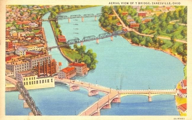 Aerial View of Y Bridge, Zanesville, Ohio image. Click for full size.