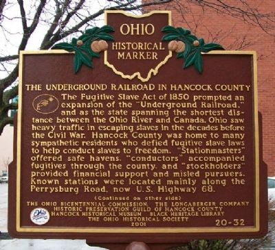 The Underground RR in Hancock County Marker (Side A) image. Click for full size.