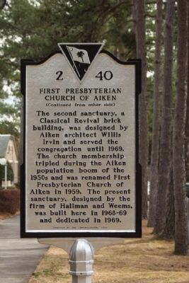 First Presbyterian Church of Aiken Marker, reverse side. Click for full size. First Presbyterian Church of Aiken Marker, reverse side image. Click for full size.