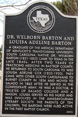 Dr. Welborn Barton and Louisa Adeline Barton Marker. Click for full size. Dr. Welborn Barton and Louisa Adeline Barton Marker image. Click for full size.