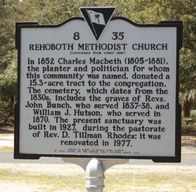 Rehoboth Methodist Church Marker, reverse side image. Click for full size.