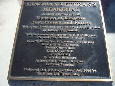 Kingman Veteran's Memorial Marker image. Click for full size.