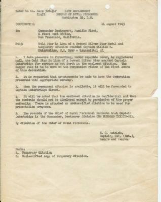 Cover letter for RADM Outerbridge's second Silver Star Citation image. Click for full size.