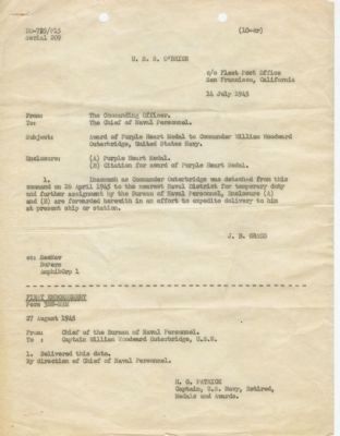 Cover letter and endorsement to RADM W. W. Outerbridge's Purple Heart Citation (1945) image. Click for full size.