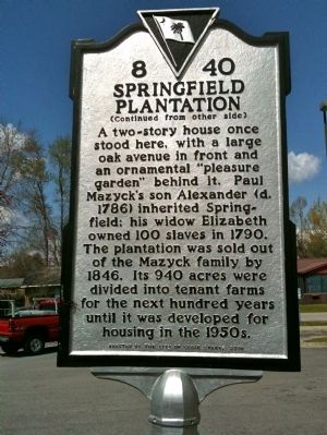 Springfield Plantation Marker (reverse). Click for full size. Springfield Plantation Marker (reverse) image. Click for full size.