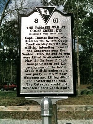 The Yamasee War At Goose Creek, 1715 Marker (reverse) image. Click for full size.