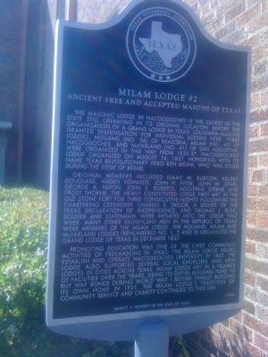 Milam Lodge #2, Ancient Free and Accepted Masons of Texas Marker. Click for full size. Milam Lodge #2, Ancient Free and Accepted Masons of Texas Marker image. Click for full size.