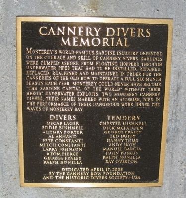 Cannery Divers Memorial Marker image. Click for full size.