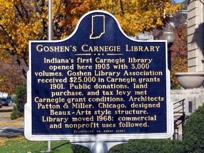 Goshen's Carnegie Library Marker image. Click for full size.
