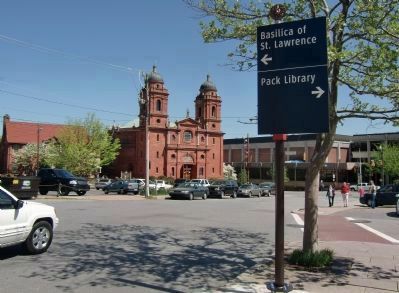 View northeast from Page Ave. and Battery Square toward the Basilica of St. Lawrence. Click for full size. View northeast from Page Ave. and Battery Square toward the Basilica of St. Lawrence image. Click for full size.