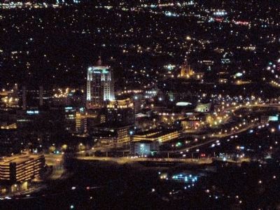 View of downtown Roanoke at night, from Mill Mountain image. Click for full size.