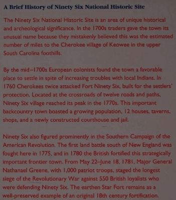 Ninety Six National Historic Site Marker -<br>A Brief History of Ninety Six image. Click for full size.
