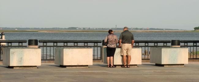 Charleston Harbor Marker Panels - on top of the elevated stone blocks in Waterfront Park. Click for full size. Charleston Harbor Marker Panels - on top of the elevated stone blocks in Waterfront Park image. Click for full size.