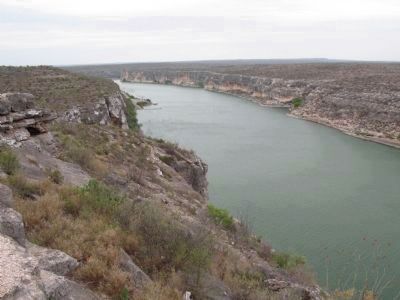 View from marker down canyon to where Pecos meets the Rio Grande image. Click for full size.
