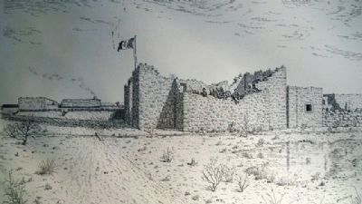 Drawing of the Alamo in 1836 on Marker image. Click for full size.