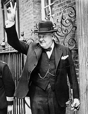 Prime Minister Churchill giving "V" sign, WWII image. Click for full size.