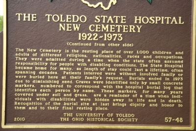 The Toledo State Hospital New Cemetery, 1922-1973 Marker image. Click for full size.