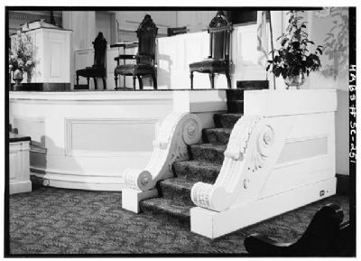 First Baptist Church Marker, original pulpit, steps, and carved wood consoles (choir rail 1941) image. Click for full size.