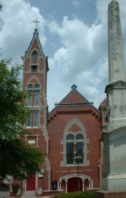 St. James United Methodist Church and cenotaph, as mentioned image. Click for full size.