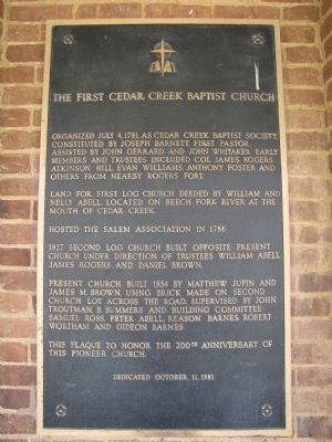 The First Cedar Creek Baptist Church Marker image. Click for full size.