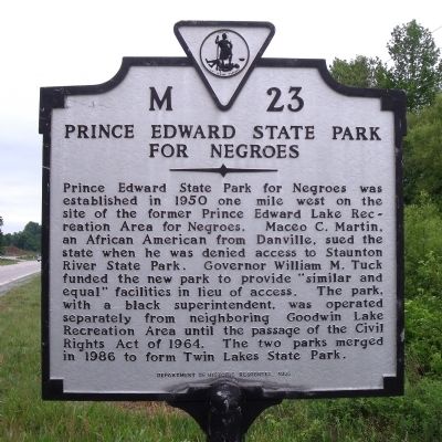 Prince Edward State Park for Negroes Marker. Click for full size. Prince Edward State Park for Negroes Marker image. Click for full size.