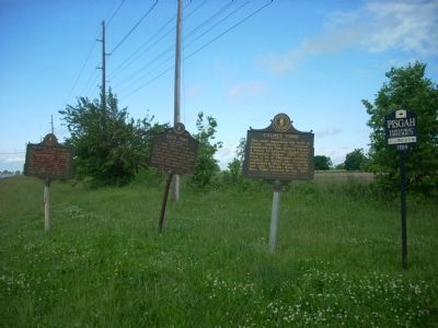 Calmes Tomb Marker (right) with Hemp in Kentucky Marker (left) and Buck Pond Marker (center) image. Click for full size.