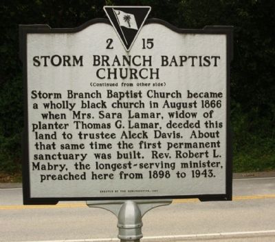 Storm Branch Baptist Church Marker, reverse side image. Click for full size.