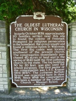Oldest Lutheran Church in Wisconsin Marker image. Click for full size.
