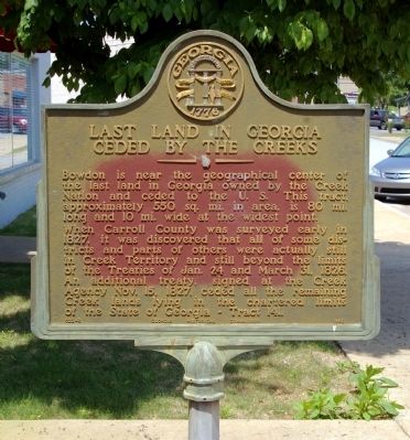 Last Land in Georgia Ceded by the Creeks Marker. Click for full size. Last Land in Georgia Ceded by the Creeks Marker image. Click for full size.