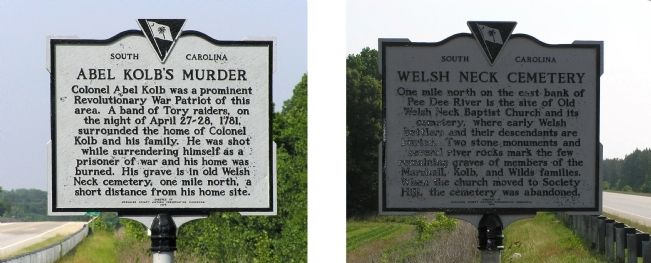 Abel Kolb's Murder / Welsh Neck Cemetery Marker. Click for full size. Abel Kolb's Murder / Welsh Neck Cemetery Marker image. Click for full size.