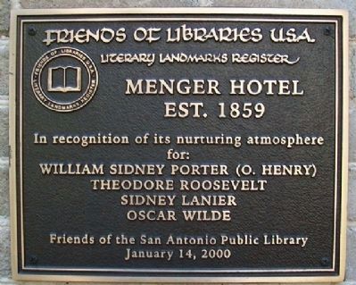 Menger Hotel Literary Landmark Marker. Click for full size. Menger Hotel Literary Landmark Marker image. Click for full size.