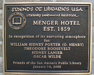 Menger Hotel Literary Landmark Marker image. Click for full size.