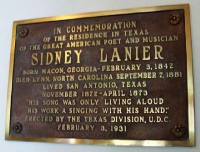 Menger Hotel Sidney Lanier Marker. Click for full size. Menger Hotel Sidney Lanier Marker image. Click for full size.