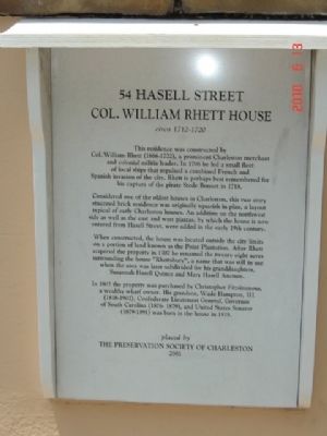 Col. William Rhett House Marker image. Click for full size.