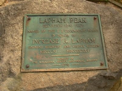 Close up of marker on boulder in front of Lapham Peak Marker image. Click for full size.