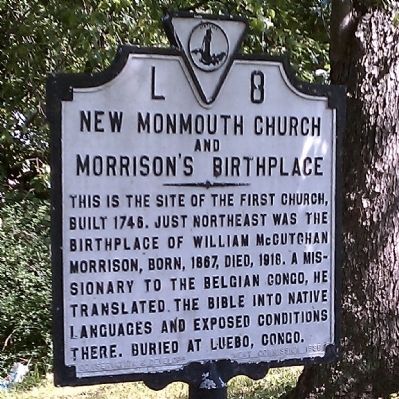 New Monmouth Church and Morrison's Birthplace Marker. Click for full size. New Monmouth Church and Morrison's Birthplace Marker image. Click for full size.