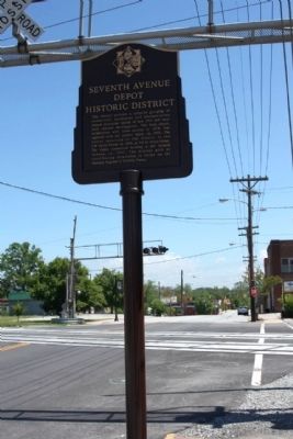 Seventh Avenue Depot Historic District Marker, looking northeast along 7th Avenue image. Click for full size.