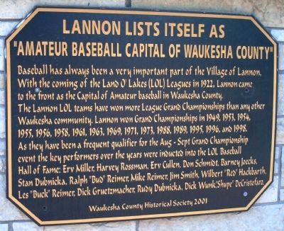 Lannon Lists itself as “Amateur Baseball Capital of Waukesha County” Marker. Click for full size. Lannon Lists itself as “Amateur Baseball Capital of Waukesha County” Marker image. Click for full size.