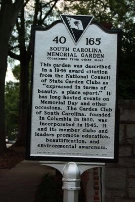 South Carolina Memorial Gardens Marker, reverse side. Click for full size. South Carolina Memorial Gardens Marker, reverse side image. Click for full size.