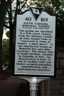 South Carolina Memorial Gardens Marker, reverse side image. Click for full size.
