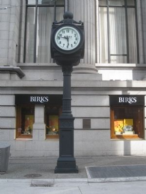 The Birks Clock, with marker in the background (to the right of the clock). image. Click for full size.
