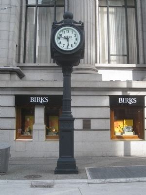 The Birks Clock, with marker in the background (to the right of the clock).. Click for full size. The Birks Clock, with marker in the background (to the right of the clock). image. Click for full size.