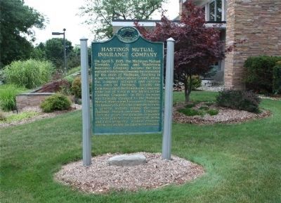 Hastings Mutual Historic Marker (building in background) image. Click for full size.