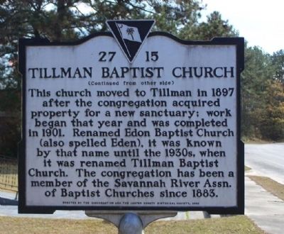 Tillman Baptist Church Marker, reverse side image. Click for full size.