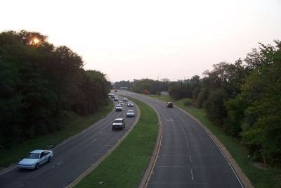 View toward downtown Washington from the Suitland Parkway-MLK Ave overpass, southeast of the marker. image. Click for full size.